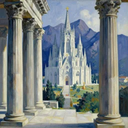 close shot angle from above of landcape, atmospheric perspective, large ancient giant colums!!!, gothic architecture!!!!, giant church of the gods!!!, mountains, sharp focus, smooth, clean, in the style of david bomberg