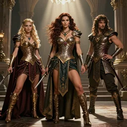 paintings of cinematic stills from the xena warrior princess and prince of persia crossover, full - body, bloom, gothic mixed with victorian mixed with roman architecture, dynamic poses, intricate jewelry, vests, corsets, knee - high boots, ornate, filigree, cinematic lighting, god rays!!!, by wlop, by maxfield parrish, by nebezial, portfolio illustration, highly detailed, trending on artstation, cgsociety, bokeh, rendered in octane.