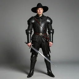 full body photo of elon musk as a musketeer, he has a big black hat and holds a shiny sword