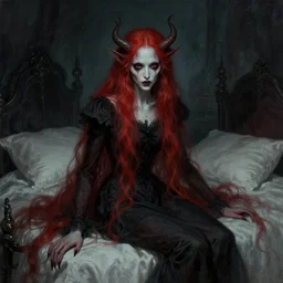 a nightmarish, unworthy evil demon with long red hair sitting on a bed by jozef szermentowski, featured on deviantart, german romanticism, lovecraftian, gothic, official art