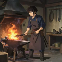 “a full body portrait of the short and fiery blacksmith Moira at her forge, blacksmith's outfit, inside building, makoto shinkai, james gilleard, very detailed, matte, gaussian blur, tone mapped, Akihiko Yoshida”