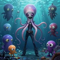 CGI lisa frank gothic punk vampiric rockstar underwater caustics vampire squid character designs of various shapes and sizes by genndy tartakovsky and ruby gloom by martin hsu and the creators of fret nice at pieces interactive and splatoon by nintendo and psychonauts by doublefines tim shafer being overseen by Jamie Hewlett from gorillaz for splatoon by nintendo