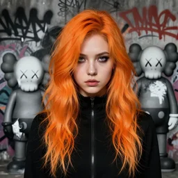 highly detailed portrait of a moody post - cyberpunk wavy ginger haired young lady, by james gilleard, by joe fenton, by greg rutkowski, by konstantin yuon, by kaws, by kate beaton, 4 k resolution, nier : automata inspired, bravely default inspired, gradient orange, black and white color scheme!!! ( ( graffiti tag wall background ) )