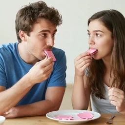 man and girl eat pink souse