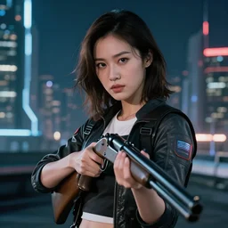 photographic portrait of a techwear woman holding a shotgun, closeup, on the rooftop of a futuristic city at night, sigma 85mm f/1.4, 4k, high resolution, depth of fieldfull color, Die Hard, movies with guns, movie firearms