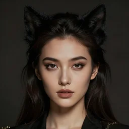 medium shot of a female model with cat ears, by peter coulson, dark