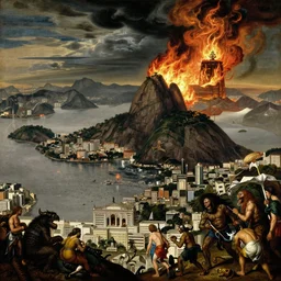 a painting by hieronymus bosch depicting the city of rio de janeiro with dark skies, the sugarloaf mountain on flames on the background and lots of people and monsters in the foreground