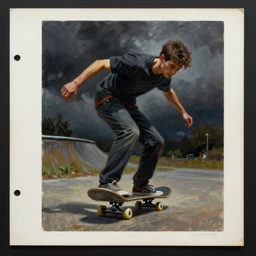 asset sheet, material study ( caricature ) skateboarder ( hyperrealistic surrealist style oil painting ) dark foreboding