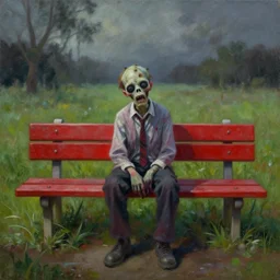 a realistic painting of a zombie sitting on a red bench in a field, magical realism, by andrea kowch