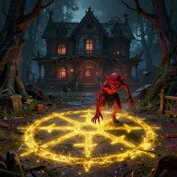 a sigil scribbled on the ground, the sigil is shining yellow light and the red goblin is sucked into it and vanished., inside a haunted destroyed house, trending on artstation, wide view, cinematic view, cinematic, 8 k, digital photo, unreal engine, colored paint, colorful paint, scary style