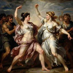 muscular warrior women doing glorious combat, weeping men watch on the side, neoclassical art