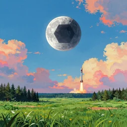 solar eclipse, hexagon moon, grassland and forest, bright, colorful clouds, rocket launching, matte painting, trending on artstation, simon stalenhag