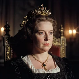 A hyper realistic and detailed head portrait photography of a young Queen Victoria on her throne. by Annie Leibovitz. Neo noir style. Cinematic. candle light glow in the background. Cinestill 800T film. Lens flare. Helios 44m