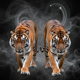fractal tigers, digital art, light streaks, smoky effect