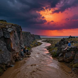 muddy river leads to sea by hiroshi yoshida, marc simonetti, roger deakins, turner, rothko, hyperrealism, cinematic, rock plateau, dramatic stormy scene, vivid synthwave sunset, matte painting, fluid simulation, tonalism, volumetric light, trending on artstation, 8 k high detail concept art, top view, rendered in octane