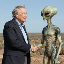 Sir David Attenborough shaking hands with a Martian alien
