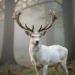 a beautiful illustration of a white deer with huge antler in a forest, fantasy, morning light, mist, dreamy atmosphere, cinematic shot, high definition, detailed