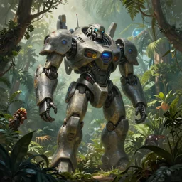 a hyperrealistic painting of a gigantic mech in the middle of a lush jungle on an alien planet, a detailed matte painting by christophe vacher, cgsociety contest winner, fantasy art, matte painting, matte drawing, hires render, hirs, 8 k, 4 k, ambient light, light occlusion, vray