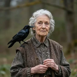 enchanting old lady with crow on her shoulder