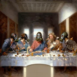 the last supper in gas masks, art nouveau, fantasy, fantasy atmospheric lighting, digital painting, hyperrealistic, cozy, natural light, volumetric golden dappled dynamic lighting, highly detailed, sharp focus, elegant, by michael komarck, greg rutkowski, victo ngai, artgerm, willem claesz heda and j. dicken
