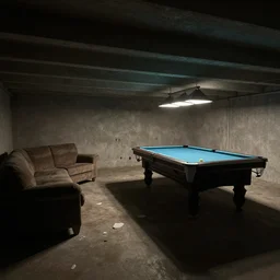photograph of a new finished basement of a middle class home with a couch and a pool table, empty, dark, creepy, void