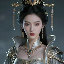 Closeup portrait of a futuristic Chinese female emperor, sleek robes, jewellery, ornate, concept art, artstation, matte painting