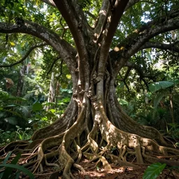 roots of a beautiful giant tree in the jungle, matte painting, by christophe vacher