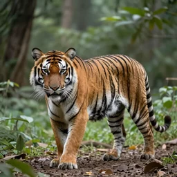 A photo of a tiger with a forest as background