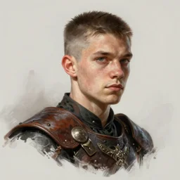 lanky young half - orc warrior, leather armor, buzzcut, art by greg rutkowski and magali villeneuve, portrait, highly detailed, headshot, digital painting, trending on artstation, concept art, sharp focus, illustration