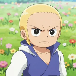 portrait of saitama in the cuphead game art style, End game boss, angry face wrinkles, flowerfield background