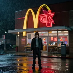 a mc donalds in the stranger things. stunning cinematography. rainy night.