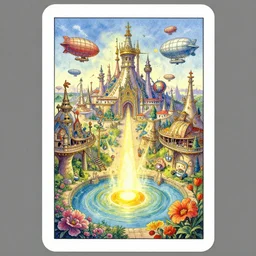 dixit card, vanishing point, docks, airships, theme park, intricate, amazing composition, colorful watercolor, by ruan jia, by maxfield parrish, by shaun tan, by nc wyeth, by michael whelan, by escher, illustration, volumetric, bloom, sun puddle