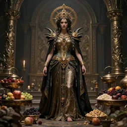 a full body portrait of a goddess of feast and famine, ominous, cinematic shot, realistic, photography, photorealisic, fantasy, ornate, intricate detail, epic, high definition, 8 k, midjourney, artstation