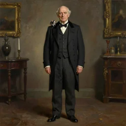 photo realistic picture of older fantasy butler that looks similar to michael kane, handsome, 4 k, oil painting filter, balding, well dressed, full body portrait, pet rat on shoulder