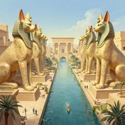 a beautiful and highly detailed digital painting of an ancient Egyptian city of River canals with massive scale cat statues by Marc Simonetti and Daniel Merriam | graphic novel, illustration:.4
