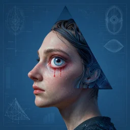 portrait of triangle shaped head with single giant bloodshot eye, in the style of Greg Broadmore and Arthur Rackham,trending on artstation, light lighting side view,digital art,surrealism ,macro,blueprint ,vaporwave ,