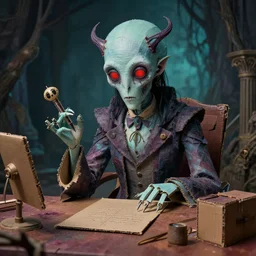 eldritch lovecraftian secretary, eldritch being, they are made of cardboard, cardboard cutout, colorful, realistic photograph