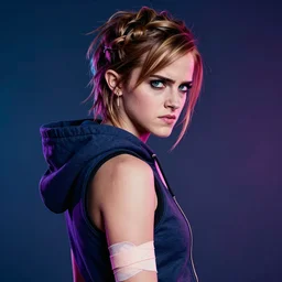 a 1 9 tomboy gorgeous cyberpunk goddess in hoodie with bandage on her arm, side portrait, emma watson, angry, striking, defiant, spotlight, vibrant colors, beautiful eyes, by marco paludet and gianni strino and marion bolognesi