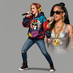 angry Emma Watson singing with mic full body wearing designer hoodie as doja cat as cardi b wearing gold chain and sunglasses and gold hoop earrings by greg rutkowski by artgem trending on artstation hero concept art
