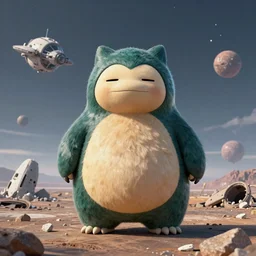 portrait of a Snorlax alone on a distant planet with spaceship destroyed, octane render, trending on artstation, hyperrealistic, character photography