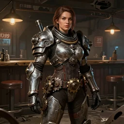 hyper detailed ultra sharp full body character portrait of a woman wearing gears of war armor standing in a destroyed dive bar, with a realistically proportioned face, cinematic lighting, good value control, smooth, realistic shading, realistic face details, smooth, highly detailed, digital painting, painted texture maps, illustration, concept art, painted texture maps, substance painter