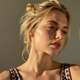 vintage photograph of an olive blonde female model with dirty blonde hair in her twenties, her hair pinned up, wearing a designer top, looking content, focused on her neck, photo realistic, extreme detail skin, natural beauty, no filter, slr, golden hour, 4 k, high definition, selfie