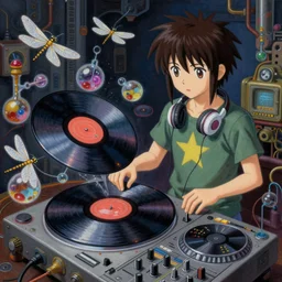 surreal gouache painting, by yoshitaka amano, by ruan jia, by Conrad roset, by good smile company, detailed anime 3d render of chemical  magical flying Vinyl records close to the DJ Mixer, deck   surrounded by chemical magical  Dragonflies, Vinyl records, controller, portrait, cgsociety, artstation, rococo mechanical and Digital  and electronic, dieselpunk atmosphere