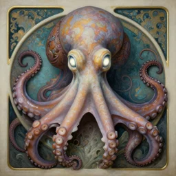 beautiful and exotic octopus queen bust portrait, glowing big eyes, art nouveau declotage, perfect symmetrical facial features, hyperrealistic bone structure, beautiful lighting, extremely hyperdetailed, mixed media painting, unreal engine, 8 k, octane, 8 mm, by travis charest, rodney matthews and chris achilleos