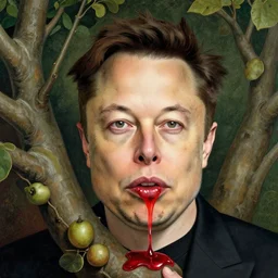 elon musk head fruit leaking red juice, growing from tree, arcimboldo painting