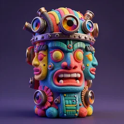photo of a opalescent claymodel of a multicolored steampunk tiki with three faces, wearing a steampunk helmet with multicolored irisdiscent tubes and shiny metallic devices, 3 d render, crisp, trippy aztec, 8 k, fluorescent colors, insanely integrate