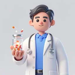 pop comic 3D color portrait of a doctor holding a jar of illuminated pills floating inside