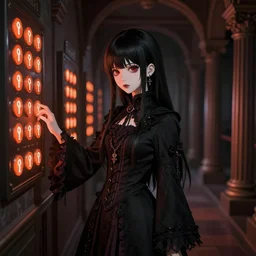1 7 - year - old goth girl, black hair, long bob cut, long bangs, gothic coat, dark hallways, soft lighting, glowing keypads, orange keypads, roman pillars, strong lighting, strong shadows, vivid hues, ultra - realistic, sharp details, subsurface scattering, intricate details, hd anime, 2 0 1 9 anime