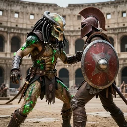 alien from the movie the predator fighting a spartan warrior with shield in roman coliseum, green glowing fluid on wounds, 8 k award winning photo, amazing