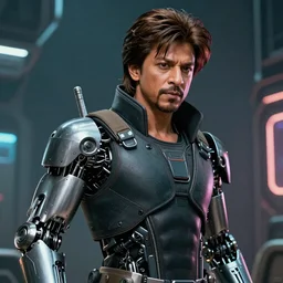 Shah Rukh Khan, having a mechanical arm, in a cyborg suit, in a Cyberpunk game setting, intricate, sci-fi, extremely detailed, surreal, hyper realistic, trending on artstation, 8K, HD